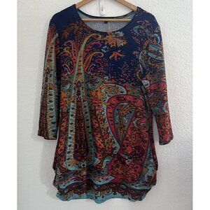 Funsport Tunic Ruched Sides Top‎ Womens L Paisley Boho Lagenlook Art to Wear